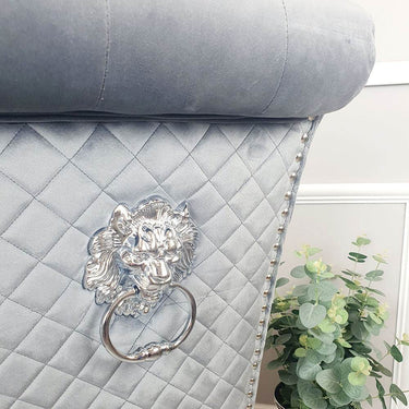 Emma Velvet Dining Chair With Chrome Lion Knocker, Buttoned Scroll Top, Quilted Back - UK Luxury Furniture
